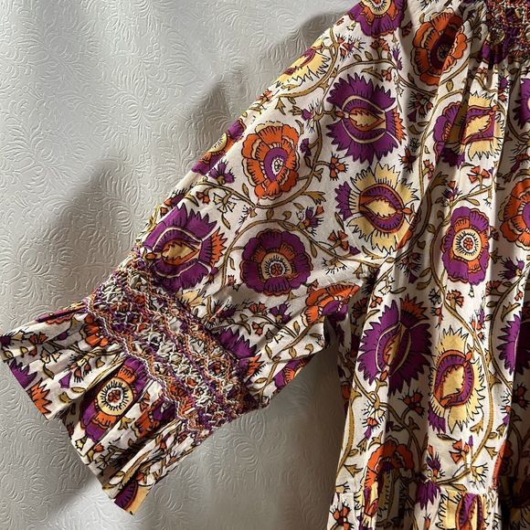 Figue Halima Sz L 100% Cotton Floral Smocked Neckline Tiered Lined Boho Dress - Picture 9 of 16